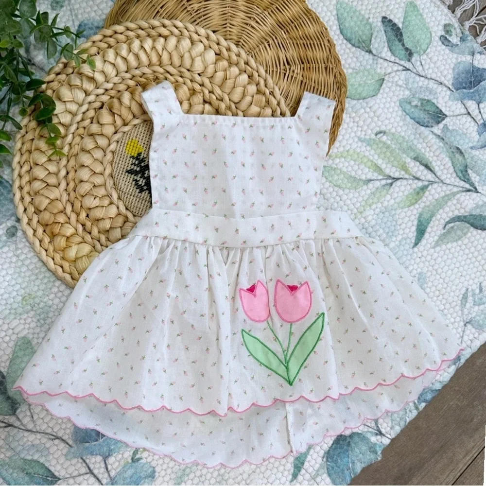 Vintage Baby Girl Delicate White Pink Tulip Floral Jumper Dress Size 9 Months